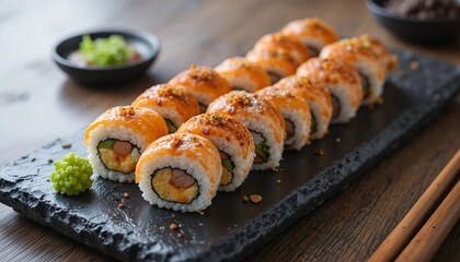 Assorted Sushi Rolls on Black Stone Plate with Wasabi