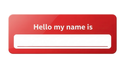 Red Vector Name Tag Badge Illustration with "Hello my name is" Text isolated on Transparent Background