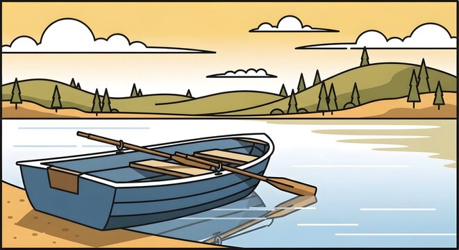 Blue rowboat resting on a calm lake shore with rolling hills - Powered by Adobe