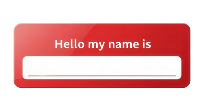 Red Vector Name Tag Badge Illustration with "Hello my name is" Text isolated on Transparent Background - Powered by Adobe