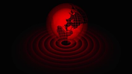 Red Earth Globe with Radiating Red Concentric Circles Below on animation Black world planet. Stylized red globe hovering over layered red concentric circles in smooth animation forming a polished
