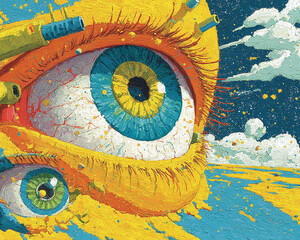 Surreal close-up painting of a giant, expressive eye with a smaller eye in the foreground, set against a vibrant, abstract background evoking a sense of wonder and cosmic exploration