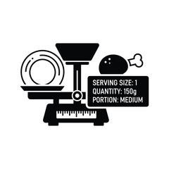 Food scale with a plate, chicken leg, and a label showing serving size, quantity, and medium portion, isolated on