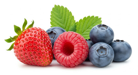 Closeup of fresh red ripe strawberries and raspberries on a white background, highlighting healthy sweet summer fruit dessert