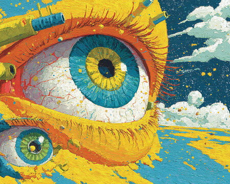 Surreal close-up painting of a giant, expressive eye with a smaller eye in the foreground, set against a vibrant, abstract background evoking a sense of wonder and cosmic exploration