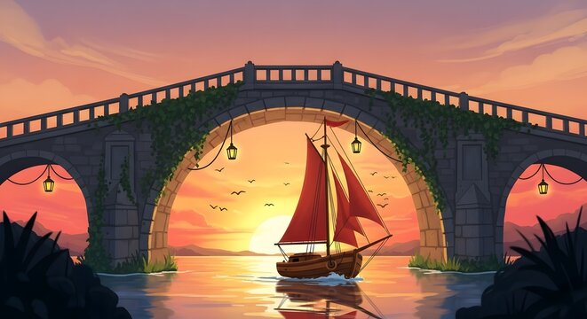 Sailboat passes under a stone bridge at sunset