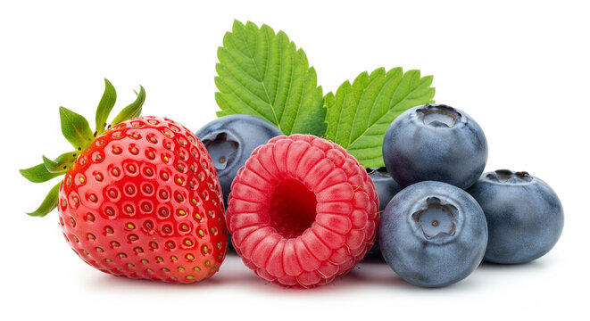 Closeup of fresh red ripe strawberries and raspberries on a white background, highlighting healthy sweet summer fruit dessert - Powered by Adobe