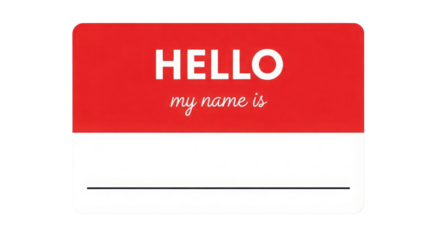 Vector Red Name Tag Sticker with 'HELLO my name is' text, isolated graphic isolated on Transparent Background