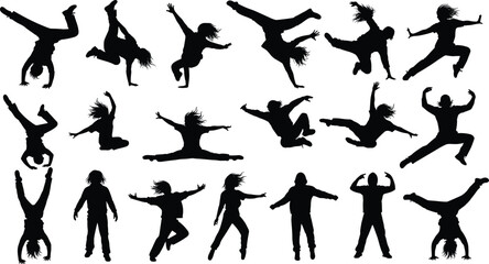 Breakdance silhouettes set, street dancers performing stunts and jumps, hip hop culture vector illustration, urban youth party energetic poses, black figures collection.
