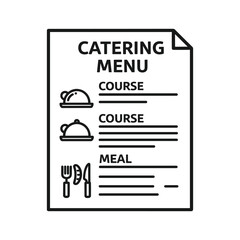 A line art icon of a catering menu document with food cloches and cutlery, isolated on