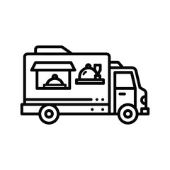 A line art icon depicting a food truck with serving window and food items, isolated on