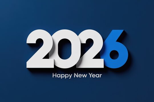 Stylish 3D Rendered 2026 New Year Greeting Card Design with Bold White and Blue Numbers on a Dark Blue Background Ideal for Seasonal Marketing and Celebrations