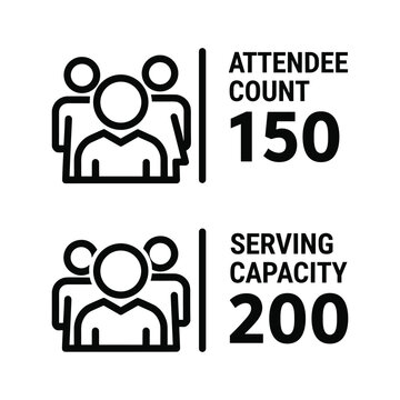 Attendee count 150 and serving capacity 200 icon, isolated on
