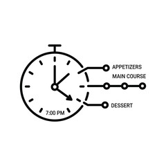 Clock showing meal timings for appetizers, main course, and dessert at 700 pm, dinner schedule