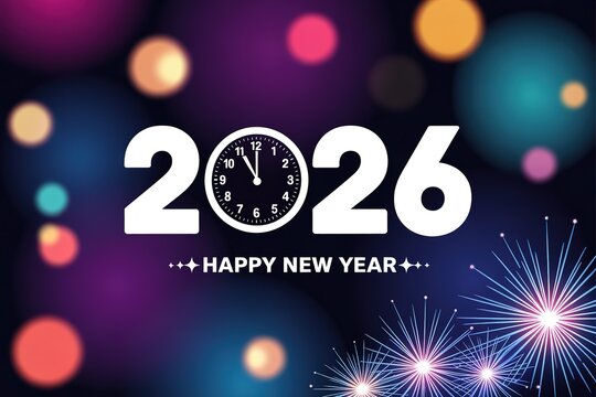 Celebrate 2026 New Year with Vibrant Fireworks and Festive Clock Design on a Bokeh Background Perfect for Greeting Cards and Party Invitations