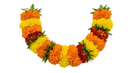 Vibrant Orange and Yellow Marigold Flower Garland (Mala) for Indian Festivals and Decoration isolated on Transparent Background