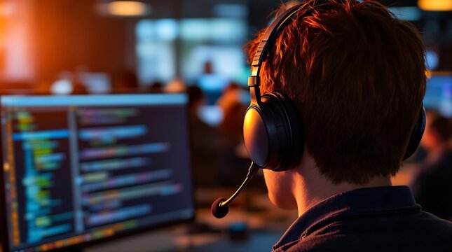 Programmer coding software developer working on computer with headset in office environment focused work