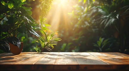 Wooden table in lush tropical jungle surrounded by green plants under sunlight rays, exotic natural forest background for eco-friendly lifestyle concept