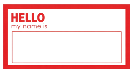 Classic Red and White Name Tag Sticker Vector Illustration "HELLO my name is" isolated on Transparent Background