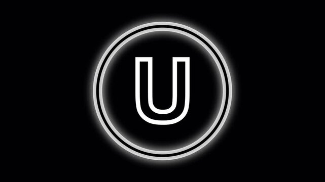 Neon Glow Letter U Inside Double Circle on animated Black Background alphabet typography. Bright white letter U framed by twin glowing circles featuring subtle rotation and luminous alphabet animation