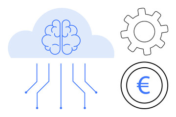 Brain inside cloud with circuit lines, cogwheel, euro coin. Ideal for technology, AI, cloud services, automation, finance data integration innovation. Simple flat metaphor