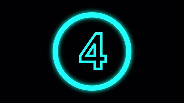 Cyan Neon Number 4 Inside a Glowing Circle on animated Black Background four digit. Vivid neon cyan number 4 enclosed in a luminous animated circle with sleek glowing four digit effect.
