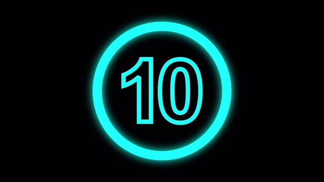 Cyan Neon Number 10 Inside a Glowing Circle on animated Black Background numeral digit. Radiant cyan number 10 centered in a glowing circle with elegant animation and vivid neon numeral effects.