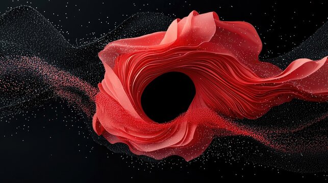 A dynamic abstract composition featuring a swirling vortex of red fabric and a trail of shimmering particles against a dark, textured background.