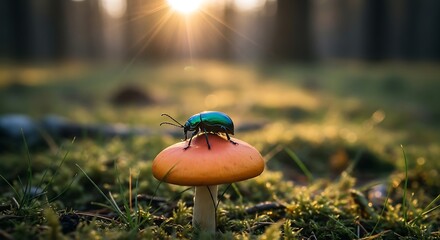 Green beetle sitting on an orange mushroom in a sunlit forest.