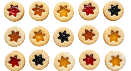 Top View of Shortbread Linzer Cookies Filled with Assorted Fruit Jam and Star Cutouts isolated on Transparent Background