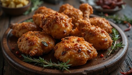 Crispy Fried Chicken on Wooden Plate