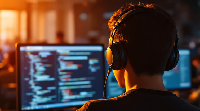 Programmer coding on computer with headphones software developer working on code technology concept - Powered by Adobe