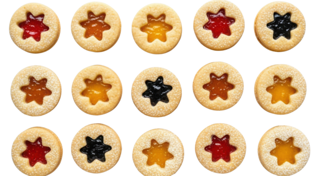 Top View of Shortbread Linzer Cookies Filled with Assorted Fruit Jam and Star Cutouts isolated on Transparent Background