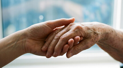 Fototapeta premium Close-up of a young hand gently holding an elderly, wrinkled hand, symbolizing care, support, compassion, and the bond between generations