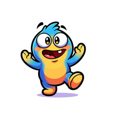 Fototapeta premium A cheerful, round blue and orange cartoon creature with big eyes and a wide smile, waving happily.