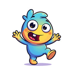 Obraz premium Cartoon character with blue and yellow gradient, smiling with arms raised.