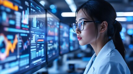 Asian woman data scientist analyzing financial charts on computer screens in a modern tech office lab