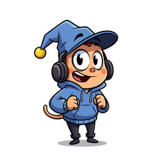 Cute cartoon character with a blue wizard hat, headphones, and a hoodie, smiling happily.