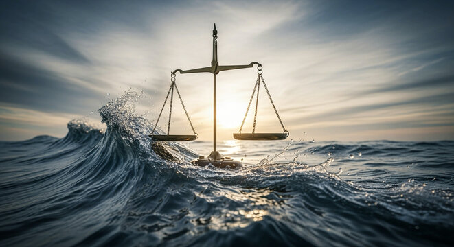 Scales of Justice rising above turbulent ocean waves at sunset, symbolizing legal challenges, resilience, and the pursuit of fairness, perfect for law firms and legal blogs
