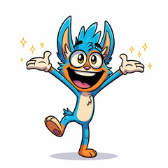 A cheerful blue and orange cartoon character with big eyes and a wide smile, arms outstretched with sparkling hands, in a welcoming pose.