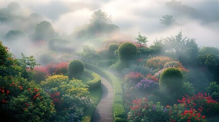 A winding path leads through a foggy landscape to a vibrant garden filled with colorful flowers