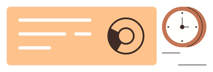 Circular chart and analog clock next to simple textual layout for productivity, analysis, scheduling. Ideal for data presentation, time tracking, workflow planning, organization, reporting, visual