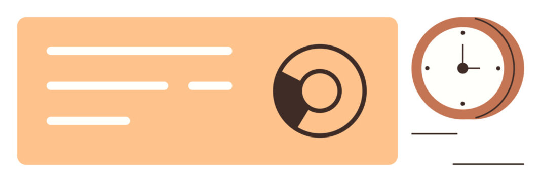 Circular chart and analog clock next to simple textual layout for productivity, analysis, scheduling. Ideal for data presentation, time tracking, workflow planning, organization, reporting, visual