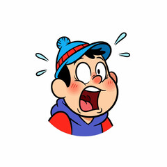 Cartoon boy with wide eyes and open mouth showing a shocked or scared expression, wearing a blue beanie and hoodie.
