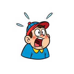 A cartoon boy with a shocked expression and wide open mouth, wearing a blue shirt and a red and blue cap.