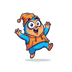 A cheerful blue and orange cartoon monster character wearing a beanie and hoodie, happily jumping.