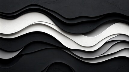 A monochromatic abstract background featuring flowing, layered waves in shades of black, white, and gray with a subtle textured surface.
