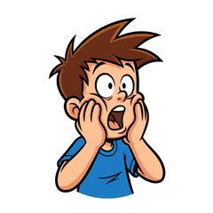 Cartoon illustration of a young boy with brown hair looking shocked and surprised, hands on his face.