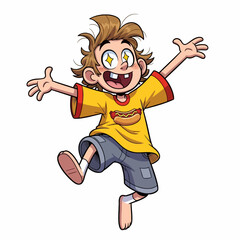 Energetic cartoon boy with starry eyes and a hot dog shirt, jumping excitedly with arms wide open.