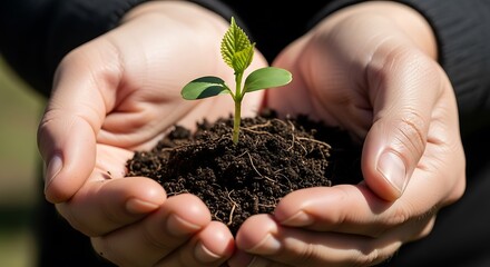 Hands holding a young plant seedling in soil, symbolizing growth and new beginnings.
